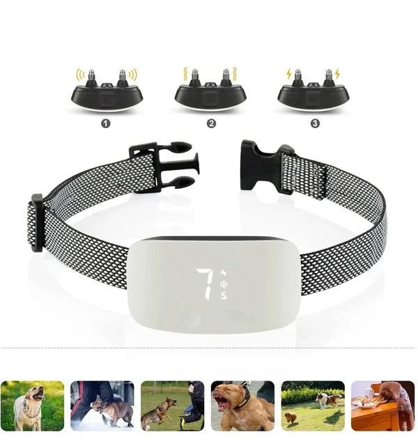 Automatische anti-blaf hondenhalsband, oplaadbaar, IP67 waterdicht, elektrische trainingshalsband, blafstopper, zwart ontwerp, verstelbare band.