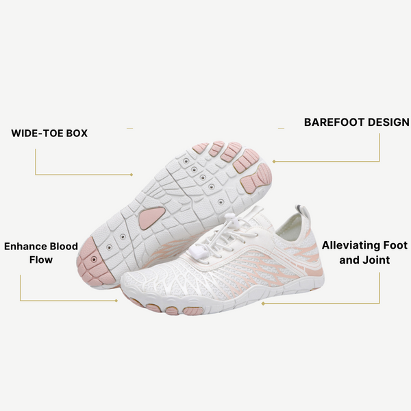 Witte barefoot schoenen met brede teenbox, antislip zool en ademend ontwerp. Orthopedische trainers voor verbeterde bloedcirculatie en gewrichtscomfort.