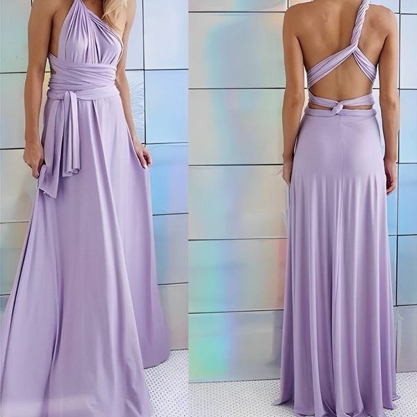 Lange lila jurk met open rug en gedrapeerde halslijn, elegante avondjurk voor speciale gelegenheden, modieuze dameskleding.