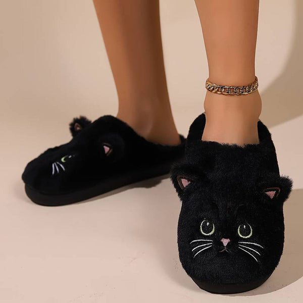 Zwarte pluche pantoffels met kattengezicht, damesmode, comfortabele huisschoenen, schattig design, warme winterpantoffels, trendy accessoires.