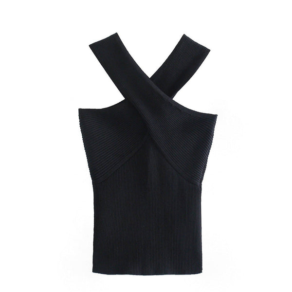 Zwarte ribgebreide top met gekruiste bandjes, mouwloos ontwerp, trendy damesmode, perfect voor casual en avondkleding.