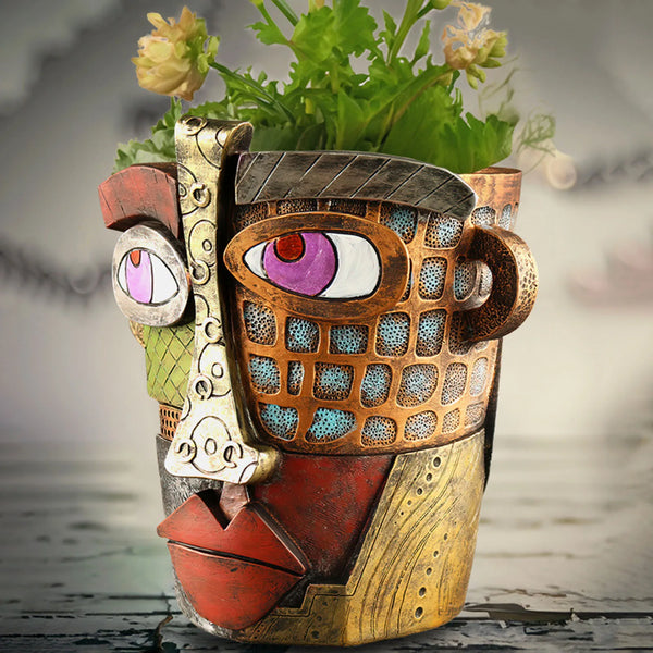 Abstracte bloempot met menselijk gezicht, retro kunststijl, kleurrijk ontwerp, ideaal als unieke tuinaccessoire of verjaardagscadeau.