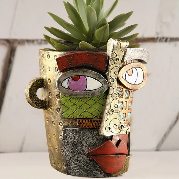 Abstracte bloempot met menselijk gezicht, retro kunststijl, kleurrijk ontwerp, geschikt voor tuin, feestdecoratie, verjaardagscadeau.