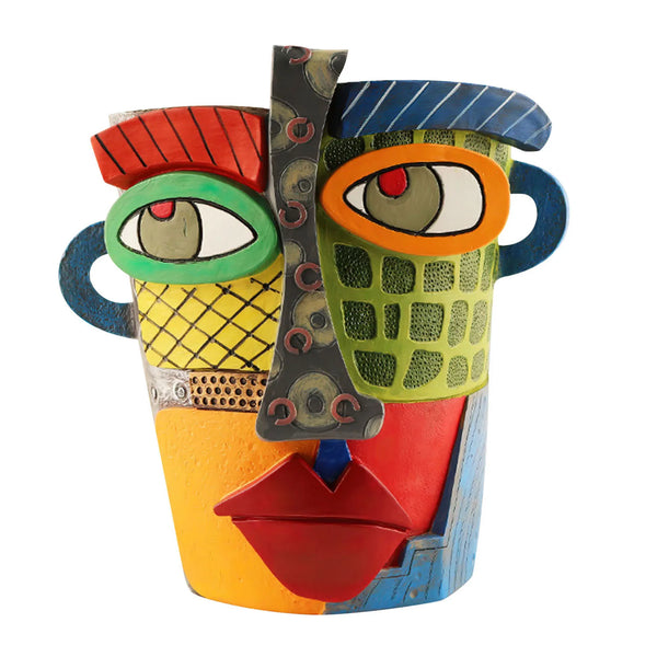 Abstracte bloempot met menselijk gezicht, kleurrijk en retro design. Perfect als unieke tuinaccessoire of verjaardagscadeau.
