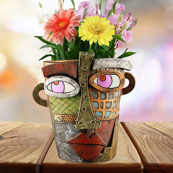 Abstracte kunst bloempot met menselijk gezicht, kleurrijke bloemen, retro stijl, unieke tuinornamenten, decoratie, cadeau-idee, stevige constructie.