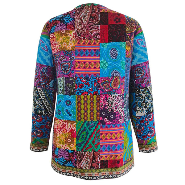 Kleurrijke patchwork damesblouse met lange mouwen, bohemien stijl, levendige patronen, etnische motieven, casual mode, unieke kleding.