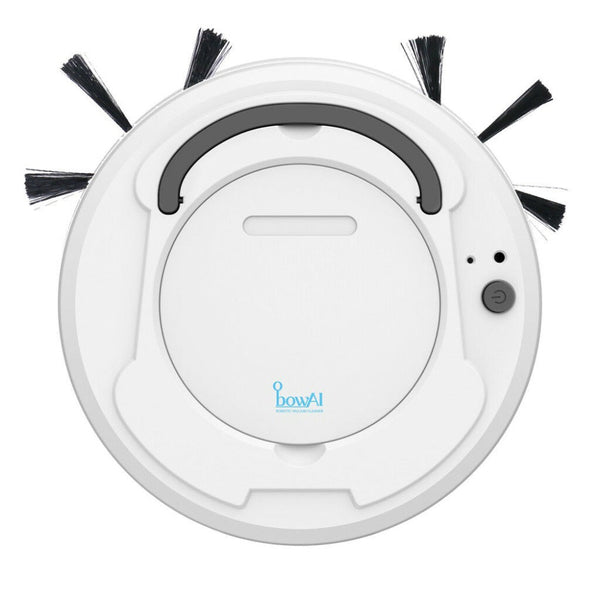 Witte BowAI robotstofzuiger met zijborstels, bovenaanzicht. Slimme huishoudelijke technologie voor efficiënte vloerreiniging.