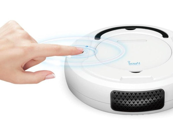 Witte Bowai robotstofzuiger met aanraakbediening, moderne technologie voor automatische vloerreiniging, slimme huishoudelijke gadget.