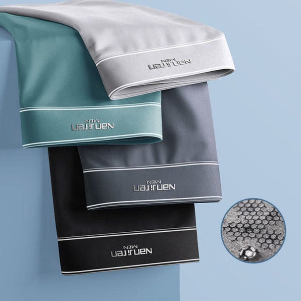 Vier paar ultradunne, ademende boxershorts voor heren in diverse kleuren, gemaakt van ijszijde en grafeen voor optimaal comfort en ventilatie.