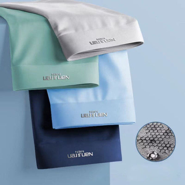 Vier ultradunne, ademende boxershorts voor heren in ijszijde en grafeen, in pastelkleuren. Comfortabel en stijlvol ondergoed voor mannen.