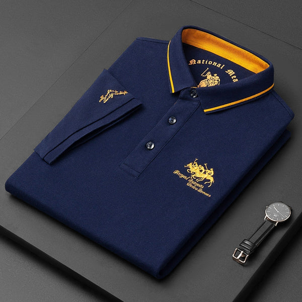 Donkerblauw geborduurd katoenen polo shirt voor heren, luxe en casual, met korte mouwen en revers, perfect voor zomer 2022 mode.