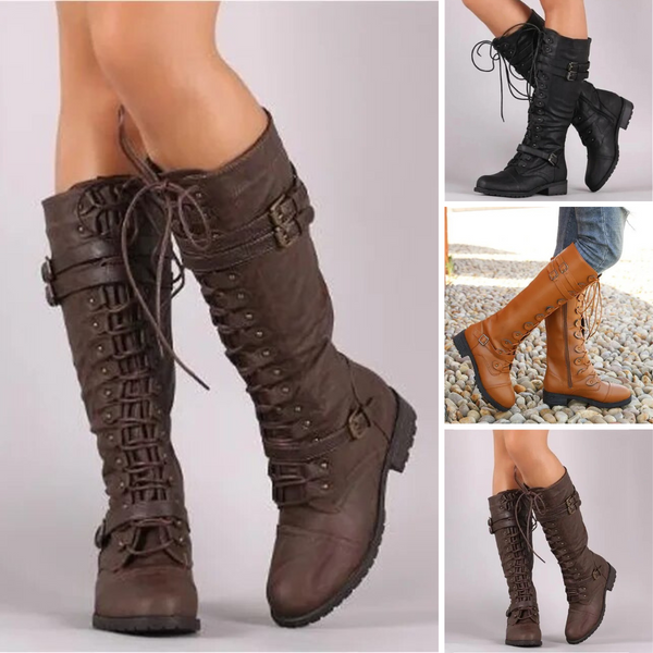 Bruine leren laarzen met veters en gespen, stijlvolle damesmode, comfortabele hoge laarzen voor herfst en winter, veelzijdig en trendy schoeisel.