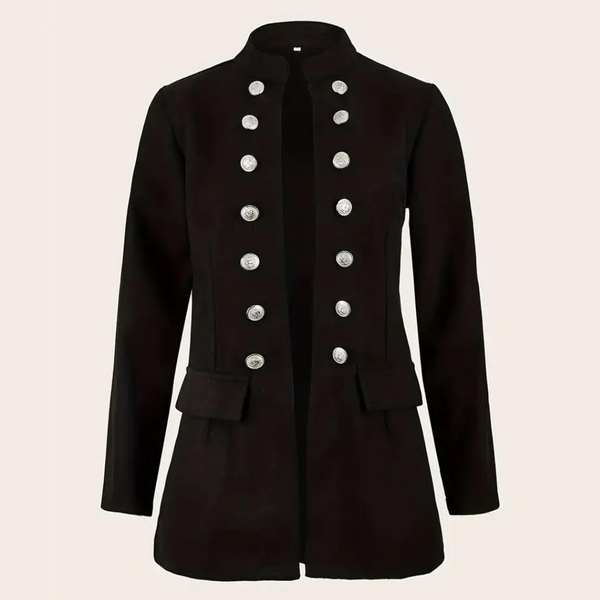 Zwarte damesjas met dubbele rij zilveren knopen, opstaande kraag en klepzakken. Stijlvolle, elegante jas voor herfst- en wintermode.