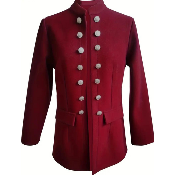 Rode wollen jas met dubbele rij zilveren knopen, militaire stijl, lange mouwen, opstaande kraag, geschikt voor damesmode en herfstkleding.