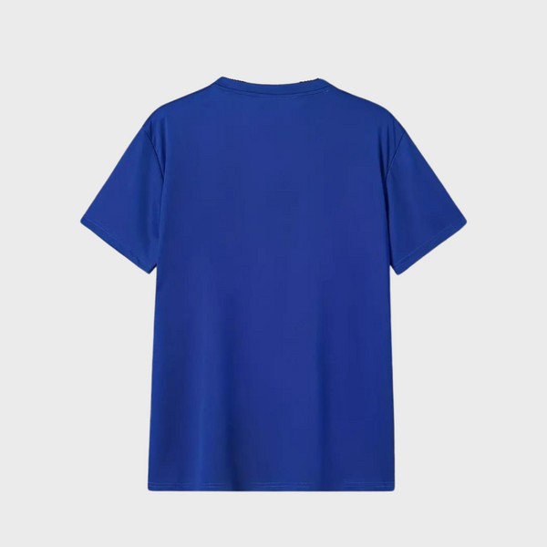 Koningsblauw T-shirt voor heren, achterkant, effen ontwerp, korte mouwen, casual stijl, hoogwaardige katoenen stof, modieuze kleding.