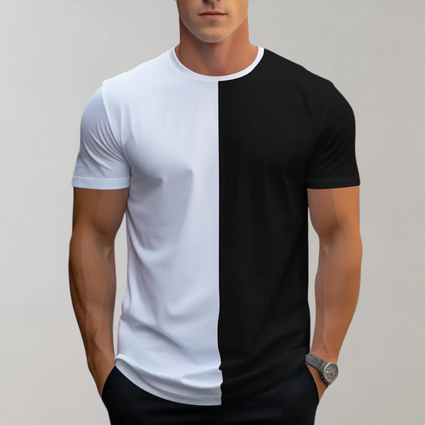 Zwart-wit gesplitst T-shirt voor heren, korte mouwen, modern design, casual mode, geschikt voor dagelijks gebruik, comfortabele pasvorm.