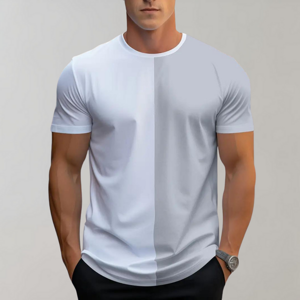 Grijs-wit heren T-shirt, korte mouwen, modern design, casual stijl, geschikt voor dagelijks gebruik, comfortabele pasvorm, modieuze uitstraling.
