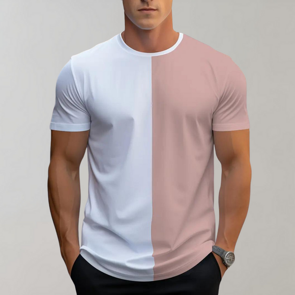 Tweekleurig T-shirt voor heren, wit en roze, met korte mouwen. Modieuze casual stijl, ideaal voor zomerse outfits.