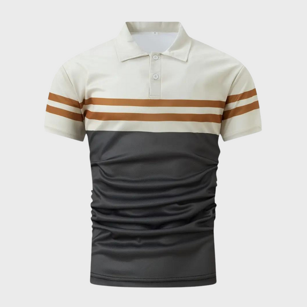 Beige en zwarte polo met bruine strepen, korte mouwen en knoopsluiting. Moderne herenkleding, casual stijl, geschikt voor dagelijks gebruik.