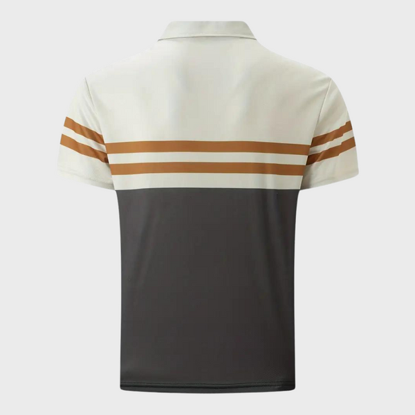 Achterkant van een retro wielershirt met korte mouwen, beige en bruine strepen, en een donkergrijze onderkant. Ideaal voor fietsliefhebbers.