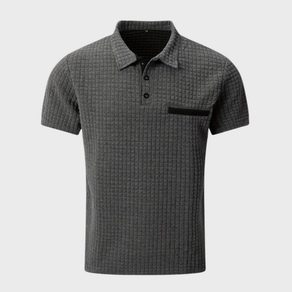 Grijze herenpolo met korte mouwen, geruit patroon en zwarte borstzak. Stijlvolle casual kleding, perfect voor dagelijks gebruik.