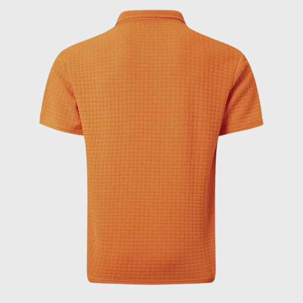 Oranje polo shirt met korte mouwen, textuurpatroon, effen kleur, casual herenmode, zomerstijl, comfortabele pasvorm, katoenen stof.
