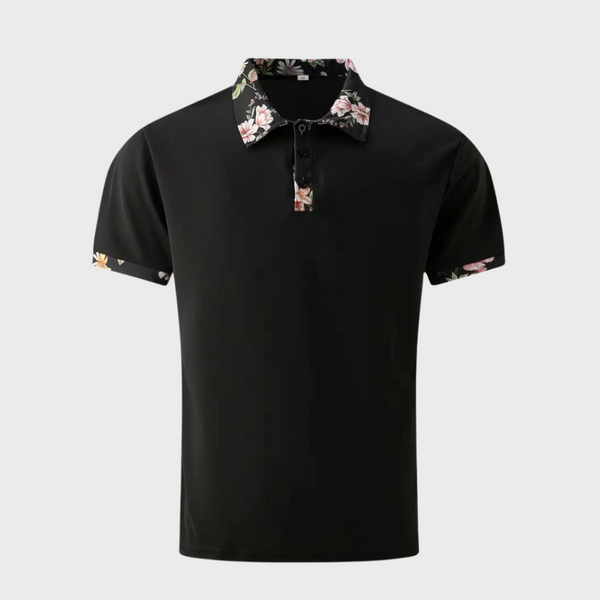 Zwarte polo met korte mouwen, bloemenprint op kraag en mouwboorden. Stijlvolle herenkleding, casual en trendy. Perfect voor elke gelegenheid.