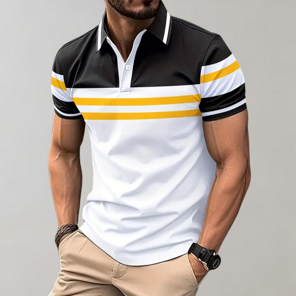 Moderne herenpolo met zwart-wit-geel strepen, korte mouwen en kraag. Perfect voor casual en sportieve looks. Stijlvolle herenkleding.
