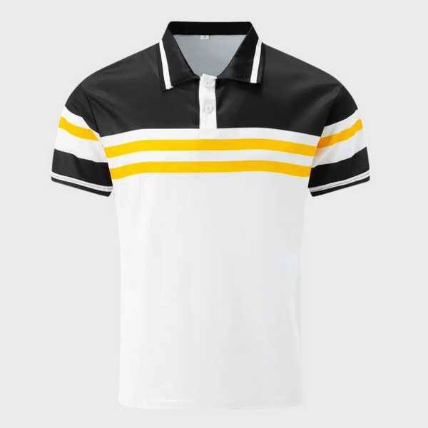Wit-zwart poloshirt met gele strepen, korte mouwen en knoopsluiting. Modern herenmode, casual stijl, geschikt voor dagelijks gebruik.