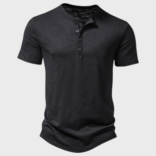 Zwarte heren Henley T-shirt met korte mouwen en knoopsluiting, casual en stijlvol, perfect voor dagelijks gebruik. Comfortabele pasvorm.