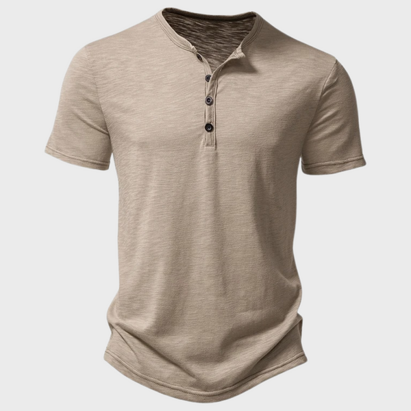 Khaki Henley T-shirt voor heren met korte mouwen en knoopsluiting, casual en comfortabel, perfect voor dagelijks gebruik en zomerse outfits.