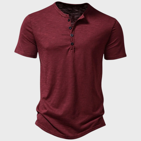 Bordeauxrode heren Henley T-shirt met korte mouwen en knoopsluiting, casual en stijlvol, perfect voor dagelijks gebruik. Hoogwaardige katoenen stof.