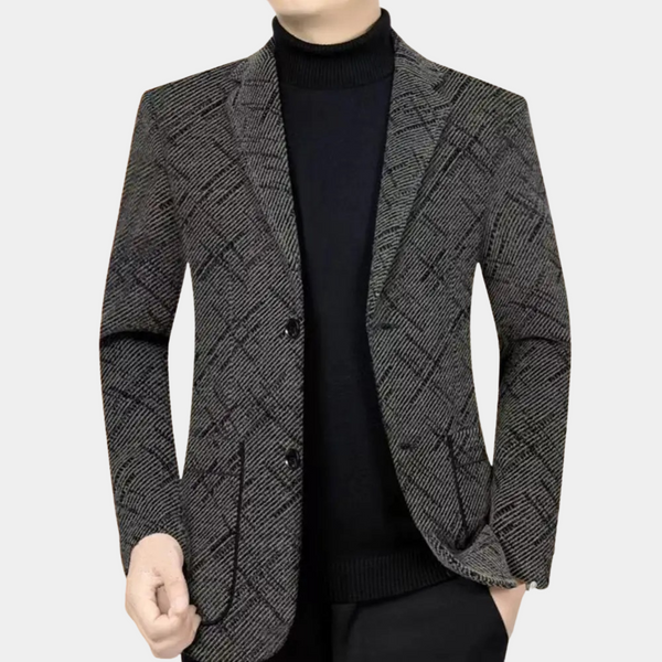 Grijze geruite herenblazer, stijlvolle zakelijke outfit, geschikt voor formele gelegenheden. Perfecte pasvorm, modieuze herenkleding.