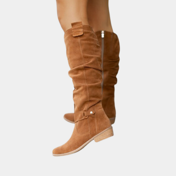 Bruine suède laarzen met lage hak en ritssluiting, ideaal voor herfstmode. Stijlvolle dameslaarzen, comfortabel en trendy voor dagelijks gebruik.