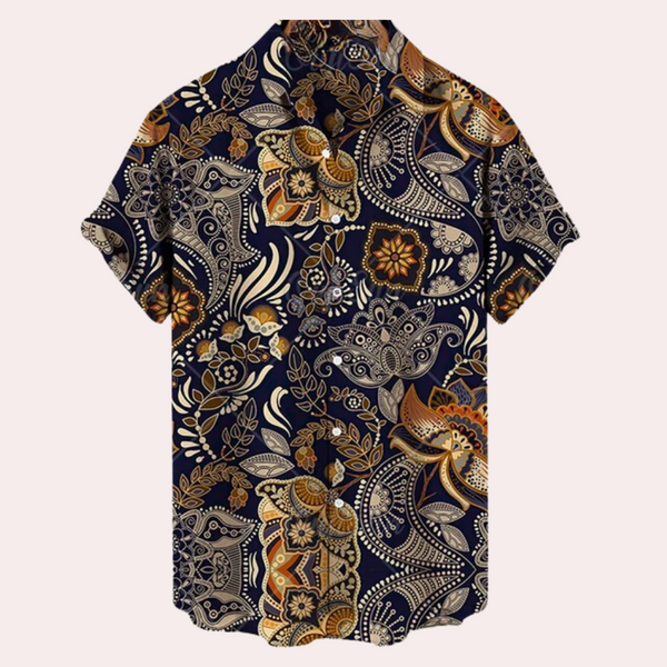 Korte mouw herenoverhemd met paisley print, donkerblauw en oranje bloemenpatroon, casual zomerstijl, modieuze herenkleding.