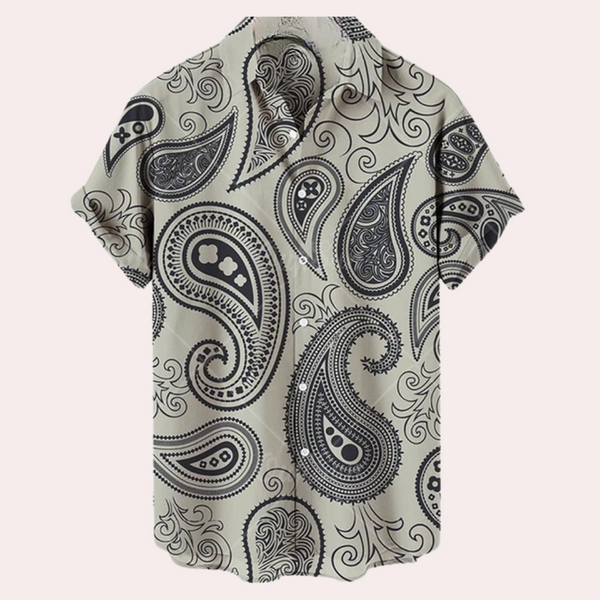 Korte mouw paisley overhemd voor heren, zwart-wit patroon, casual zomerstijl, ademende stof, modieuze print, geschikt voor dagelijks gebruik.