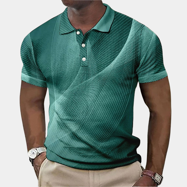 Donkergroene herenpolo met abstract patroon, korte mouwen en knoopsluiting. Stijlvolle casual outfit voor mannen, perfect voor dagelijks gebruik.