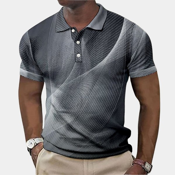 Grijze herenpolo met abstract patroon, korte mouwen en knoopsluiting. Stijlvolle casual outfit voor mannen, ideaal voor dagelijks gebruik.
