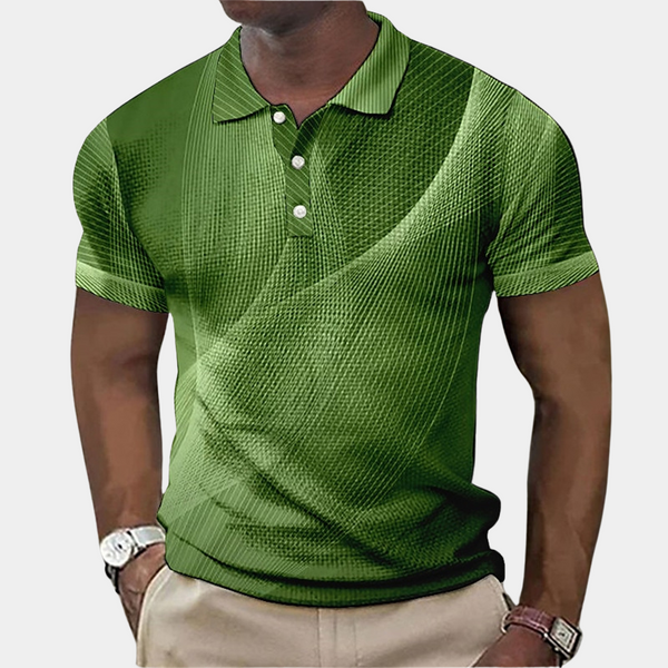 Groene herenpolo met korte mouwen, knoopsluiting en modern patroon. Perfect voor casual en zakelijke outfits. Comfortabele en stijlvolle pasvorm.