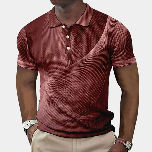 Maroon herenpolo met korte mouwen, knoopsluiting en modern patroon. Perfect voor casual en zakelijke outfits. Comfortabele pasvorm.
