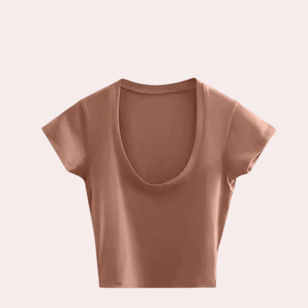 Khaki dames crop top met korte mouwen en ronde hals. Modieuze casual kleding, perfect voor zomeroutfits. Comfortabel en stijlvol ontwerp.