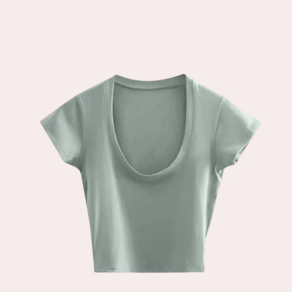 Lichtgroen dames T-shirt met ronde hals en korte mouwen, casual en modieus, perfect voor zomerse outfits. Comfortabele pasvorm.