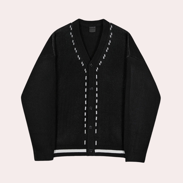 Zwarte gebreide cardigan met V-hals en witte stiksels, knoopsluiting en lange mouwen. Stijlvolle herentrui voor casual en formele gelegenheden.