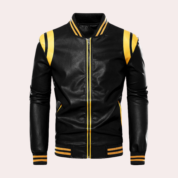 Zwart-gele leren jas met strepen, sportieve bomberstijl, ritssluiting, gestreepte boorden, unisex mode, trendy herenkleding.