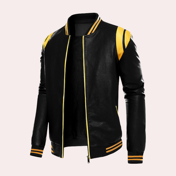 Zwarte leren jas met gele strepen, unisex bomberstijl, modieuze streetwear, perfecte herfstkleding, trendy en comfortabel design.