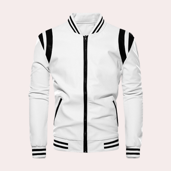 Witte bomberjack met zwarte strepen, ritssluiting en geribbelde boorden. Stijlvolle herenjassen, sportieve look, modieuze bovenkleding.