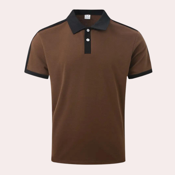Bruin poloshirt met zwarte kraag en knopen, korte mouwen, stijlvolle casual herenkleding, perfect voor dagelijks gebruik en zomermode.