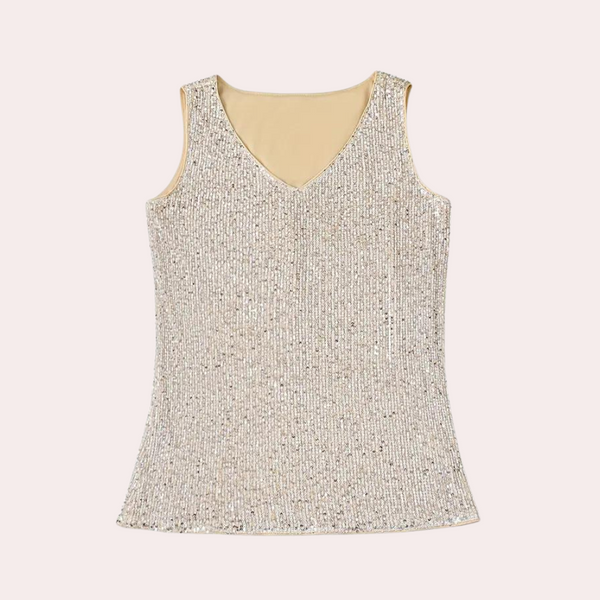 Mouwloze top met V-hals, bedekt met zilveren pailletten op lichtgele stof. Perfect voor feestelijke gelegenheden. Glanzende damesmode.