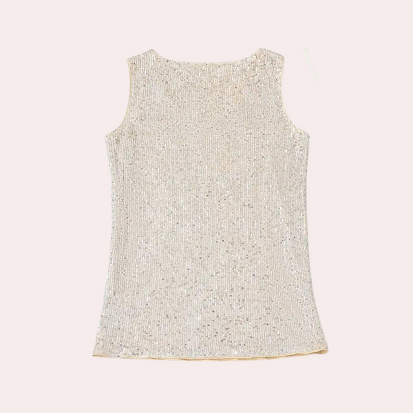 Mouwloze lichtgele pailletten top, damesmode, elegante feestkleding, glinsterende tanktop, trendy zomeroutfit, stijlvolle avondkleding.