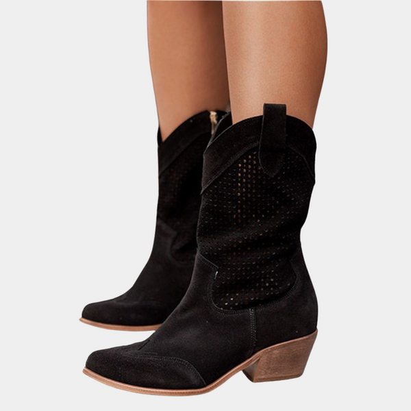 Zwarte suède cowboylaarzen met lage hak en perforatiedetails, damesmode, trendy westernstijl, comfortabele enkellaarzen.
